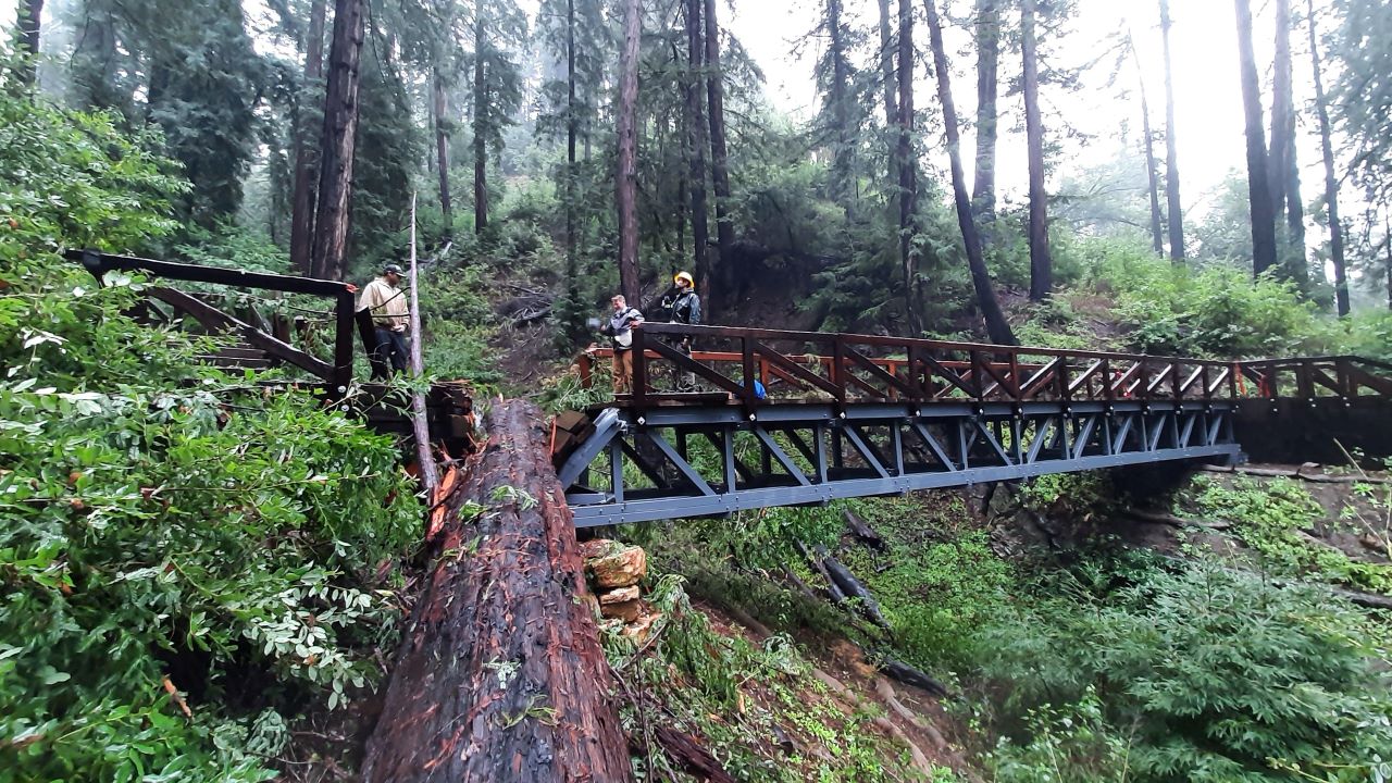 The Pfeiffer Falls Trail bridge was damaged by a fallen redwood tree in 2023, leading to a temporary trail closure.  Photo from California State Parks